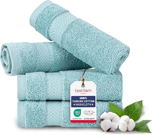 TEXTILOM Washcloths for Body and Face – Hotel and Spa Quality & Soft & Absorbent & Quick Dry Wash Cloths for Your Body – 100% Turkish Cotton Wash Clothes Towel Set of 4 (13 x 13 inches) - Aqua