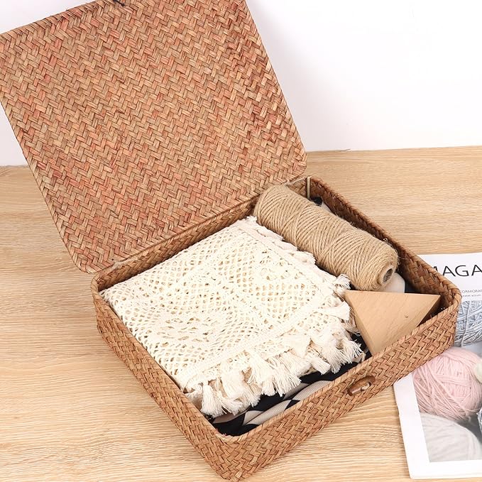 Flat Wicker Shelf Baskets with Lid, Handwoven Seagrass Basket Boxes for Storage Baskets Bins Home Decor Organizer (Coffee Small)