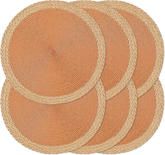Noctiflorous Round Braided Placemats Set of 6 Table Mats 15 Inches Washable Heat Resistant for Dining Table Non-Slip Indoor Outdoor Place Mats for Thanksgiving Christmas Easter(Orange Wide Edge 6)