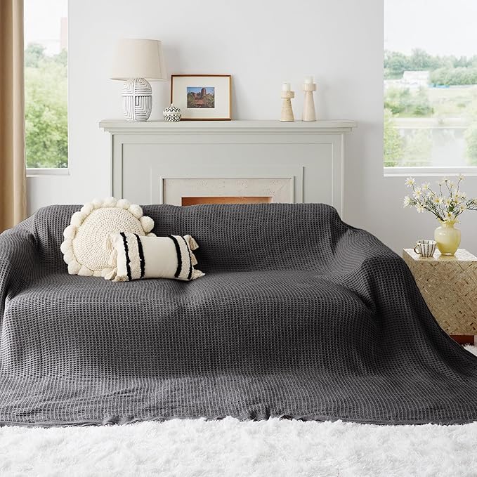 Bedsure 100% Cotton Large Blanket Oversized King for Bed - Breathable Waffle Weave Blanket for Summer Spring, Couch Cover, Dark Grey, 120x94 inches