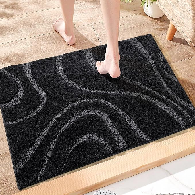 DEXDE Bathroom Rugs Mat,Soft Plush Shaggy Microfiber Bath Rug,Non Slip Bath Mats for Bathroom Floor,Machine Washable Absorbent Carpet for Shower Tub,Black 24"x36"