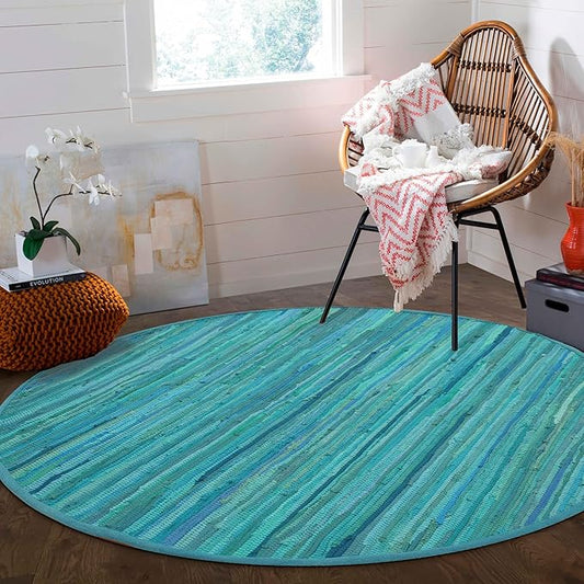 Area Rugs 4Ft Round Teal Handwoven Rug Farmhouse Green for Bedroom, Bathroom,Living Room | Boho Reversible Washable RagRug Circle Carpet for Kitchen, Patio, Kids Playroom, Nursery