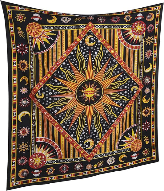 RAJRANG Burning Sun Cotton Tapestry for Bedroom 84x54 Inch Celestial Moon Star Planet Bohemian Indie Hippie Cool Wall Tapestries for Living Room Dorm Decor