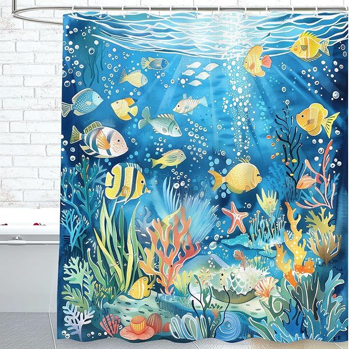 Fish Shower Curtain for Bathroom Tropical Fishes Shower Curtains Home Bathroom Bathtubs Ocean Underwater World Fish Decor Polyester Shower Curtain Waterproof Washable Durable 12 Hooks 72"x72"