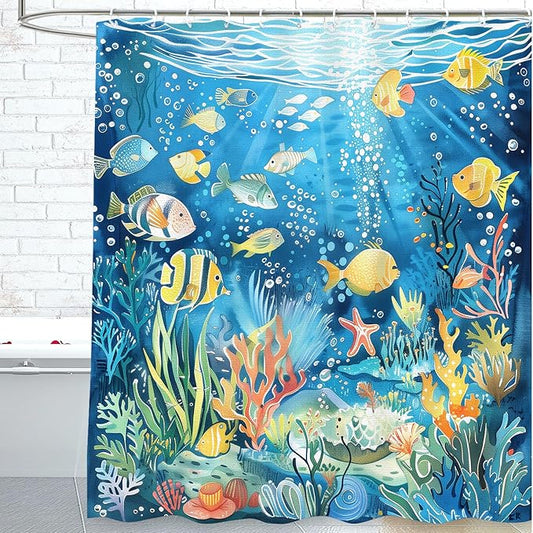 Fish Shower Curtain for Bathroom Tropical Fishes Shower Curtains Home Bathroom Bathtubs Ocean Underwater World Fish Decor Polyester Shower Curtain Waterproof Washable Durable 12 Hooks 72"x72"