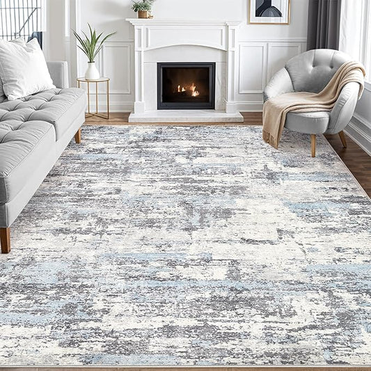 Area Rugs for Living Room: 8x10 Abstract Washable Rug Modern Neutral Large Soft Stain Resistant Non-Slip Backing Machine Table for Bedroom Dining Room Indoor Home Office Carpet - Blue Grey