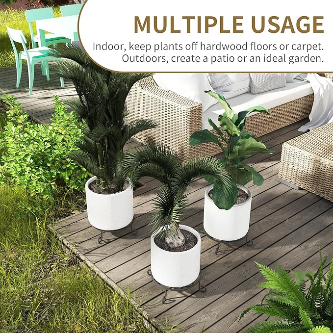 4 Pack 10” Diameter Metal Outdoor Plant Stand Indoor, Black Heavy Duty Potted Holder, Round Anti-Rust Wrought Iron Flower Planter Pot Display Stands for Home Garden
