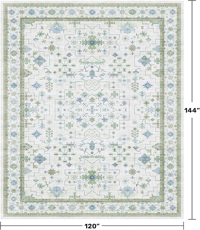 Washable Rugs for Living Room 10x12 - Cream Blue and Green Oriental Floral Geometric, Low Pile Non Slip Extra Large Area Rug for Dining Under Table, Bedroom, Lounge