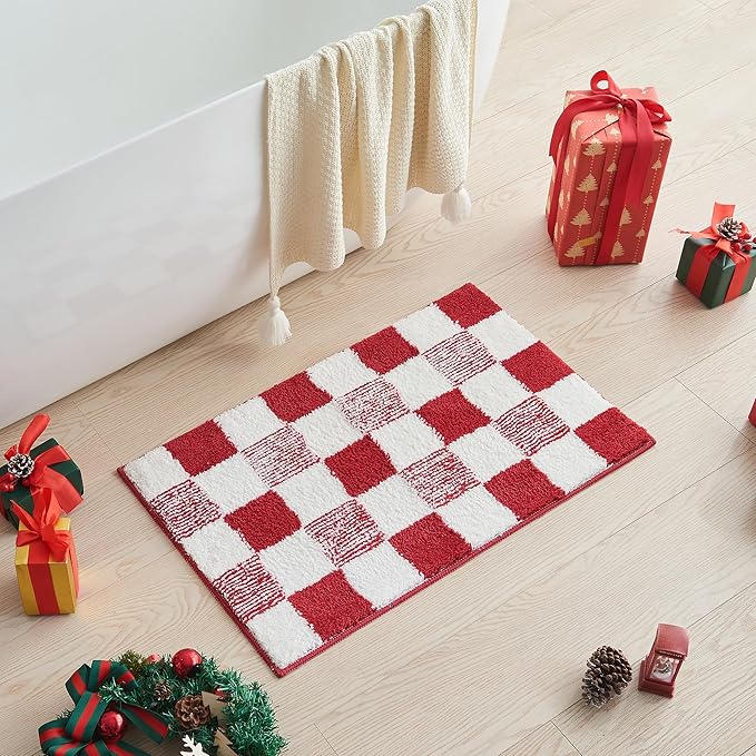 CozeCube Christmas Checkered Bath mats for Bathroom Non Slip, Fluffy Absorbent Microfiber Bath mat Washable, Aesthetic Bathroom Rugs, Cute Bath mat for Shower Sink, Christmas Red, 36" x 24"