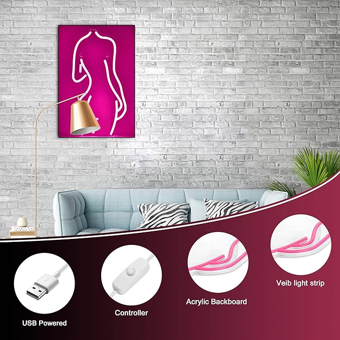 Lady Back Neon Signs LED Night Lights USB Connected Decorative Sign Bedroom Man Cave Room Bar Pub Store Club Garage Home Party Wall Art Decoration (17X8.5inches,Pink)
