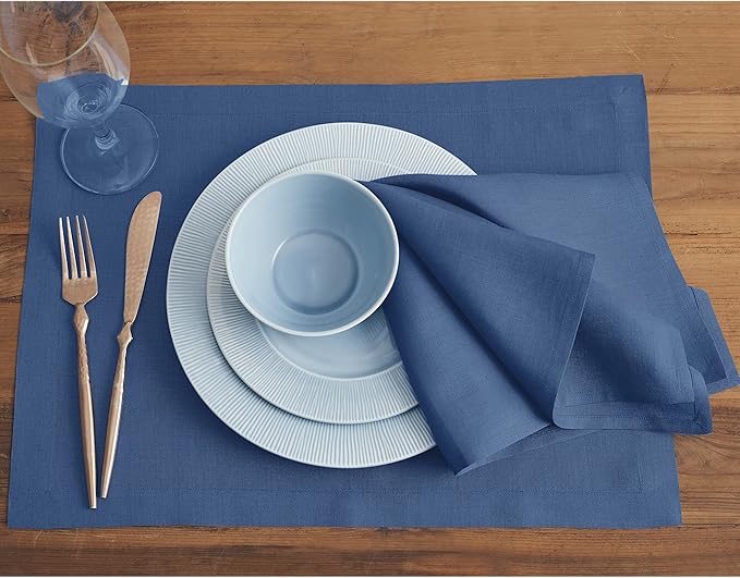 Solino Home Linen Placemats Set of 4 - Indigo Blue Placemats 14 x 19 Inch - 100% Pure Linen Table Place Mats for Summer - Fete