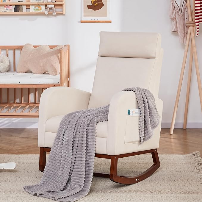 Rocking Chair Nursery Chair with Foot Rest, Nursery Rocking Chairs with High Back, Glider Rocking Chair, Baby Nursery Glider Rocker, Nursing Chair Accent Living Room, Beige with Blanket