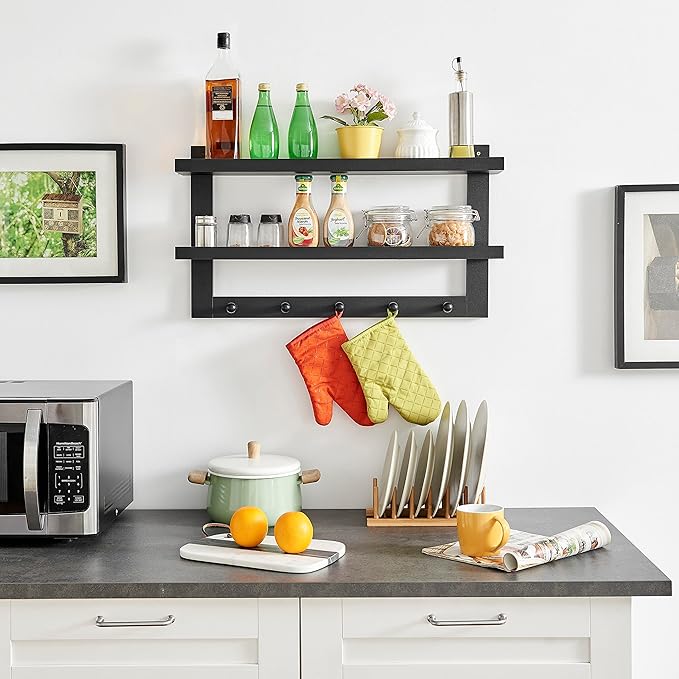 Danya B 2-Tier Ledge Wall Shelf Organizer with Five Hanging Coat or Towel Hooks - Perfect for Entryway or Bathroom (Black)