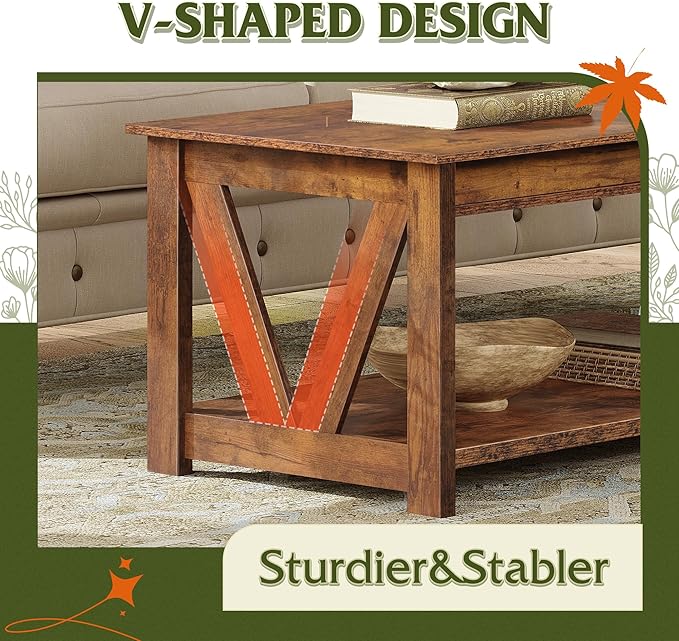 WLIVE Coffee Table, 43" Farmhouse Coffee Table with Storage Shelf & Sturdy V-Shaped Support, Wood Center Table for Living Room, Bedroom, Office and Balcony, Rustic Brown