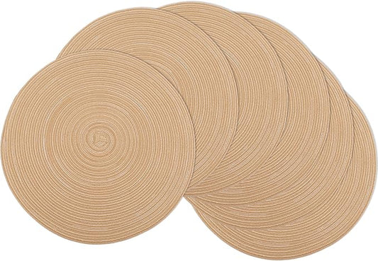 Braided Round Placemats Set of 6, Woven Washable Non-Slip Table Mats for Kitchen Dining, 14.5 Inch, Heat Resistant - Natural Fabric Indoor Outdoor Place Mats(Khaki)
