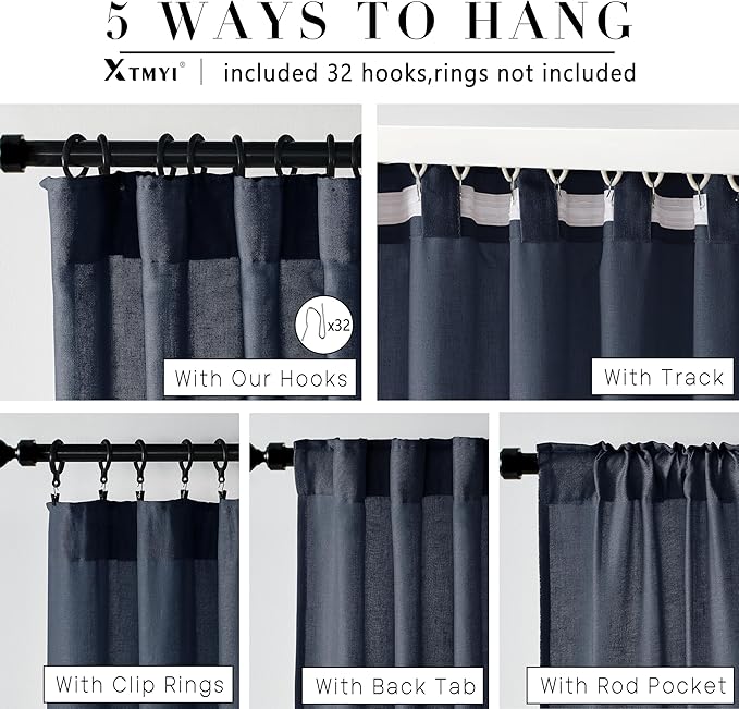 XTMYI Navy Blue Short Length Curtains for Windows,Linen Sheer Cutains for Bedroom Kitchen,45 Inch Long