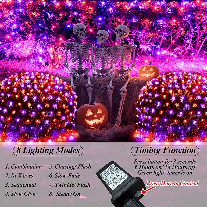510LED Halloween Net Lights, 27.9ft x 5ft Outdoor Mesh Lights Purple Orange Clear Wire, 8 Modes & Timer, Waterproof Connectable String Lights for Bushes Xmas Tree Garden Holiday Party