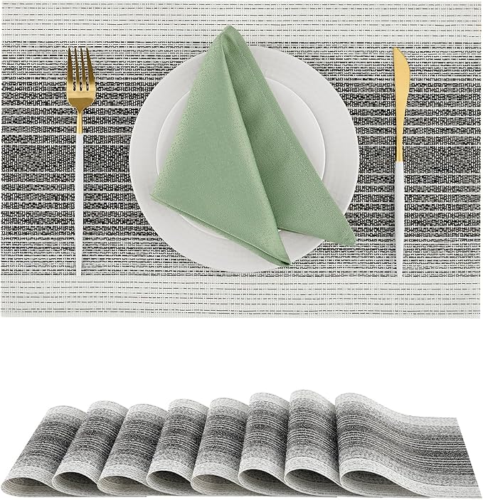Leetaltree Black with White Woven Placemats Set of 8 - Heat Resistant Non-Slip Place mats for Dining Table, Washable Durable PVC Vinyl Woven Table Mats(Black with White, 8)