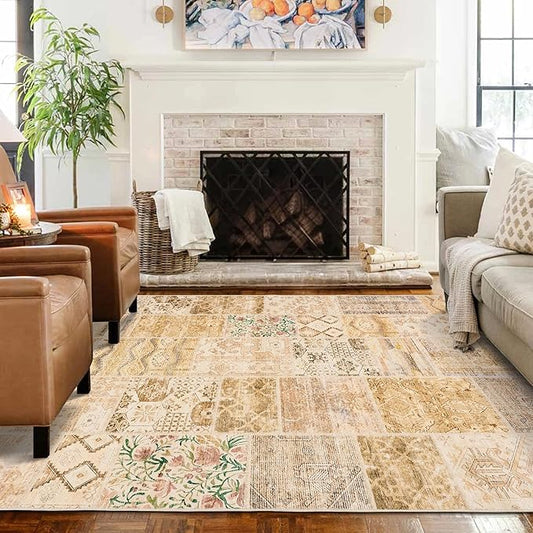 Area Rug 6x9 for Living Room,Washable Stain Resistant Geometric Boho Rugs for Dining Room Table,Light Tan Beige Brown and Blush Pink Green