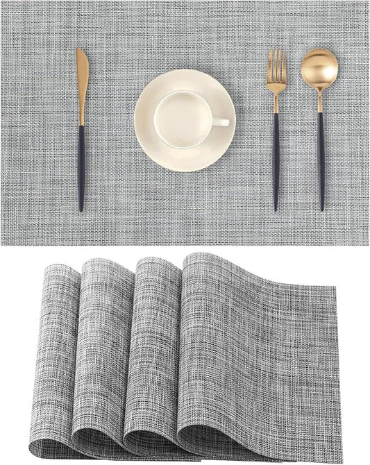 Grey Placemats Set of 4 - Heat Resistant Non-Slip Place mats for Dining Table, Washable Durable PVC Vinyl Woven Table Mats (Grey, 4)