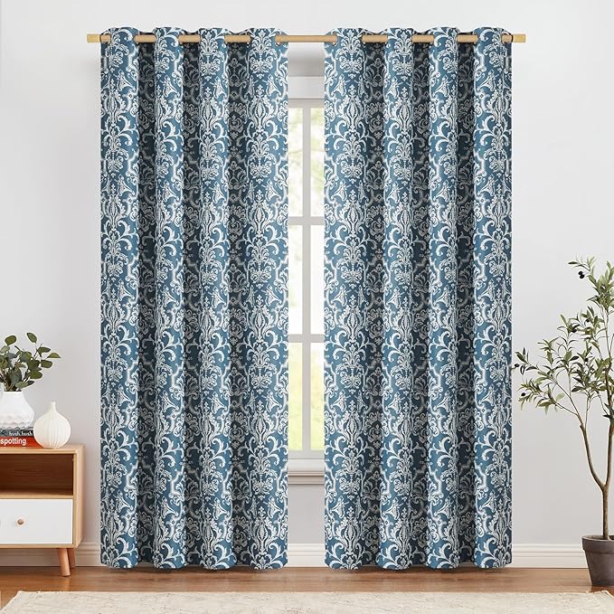 jinchan Blackout Curtains for Bedroom Blue Damask Patterned Curtains 84 Inch Length for Living Room Linen Vintage Drapes Medallion Window Treatments Grommet Top 2 Panels Set