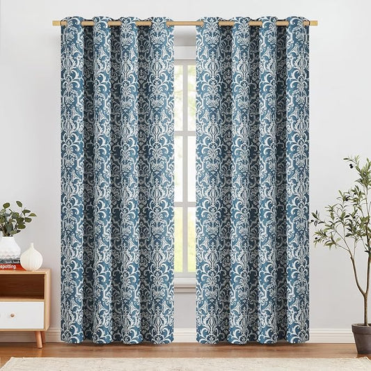 jinchan Blackout Curtains for Bedroom Blue Damask Patterned Curtains 84 Inch Length for Living Room Linen Vintage Drapes Medallion Window Treatments Grommet Top 2 Panels Set