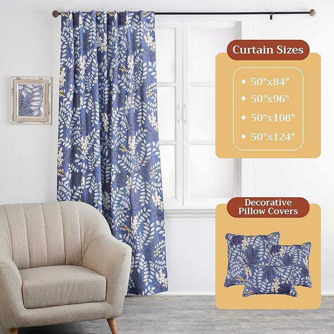 Maison d' Hermine Curtains for Living Room 100% Cotton 84 inch Length One Panel Light Filtering Curtains for Bedroom Windows with Rod and Loop Pockets Drapes (Feuillage Air Force Blue, 50" W x 84" L)