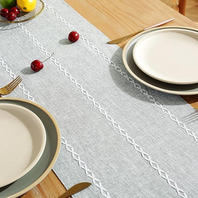 Chassic Rustic Farmhouse Style Linen Table Runner, Boho Handmade Tassel Embroidery Table Runners 72 Inches Long for Holiday Party, Dresser and Dining Decorations, 13 x 72 inch - Light Grey