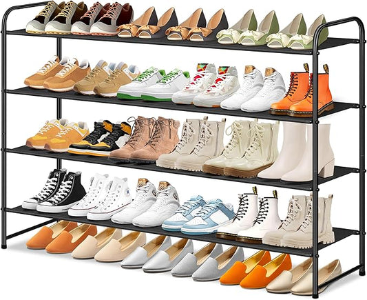 SLEEPING LAMB Long 4-Tier Shoe Organizer for Closet, Stackable Wide Shoe Rack Holds 30-Pairs Low Shoe Shelf Storage for Bedroom, Floor, Entryway(Black)