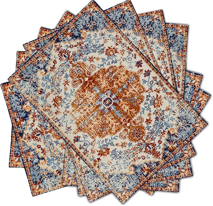 Ethnic Boho Placemats Set of 6 Bohemian Carpet Vintage Orange Grey Floral Linen Washable Kitchen Dining Table Mats Stain Heat-Resistant Desktop Decor Place Mats for Home Party Indoor 12x18 in