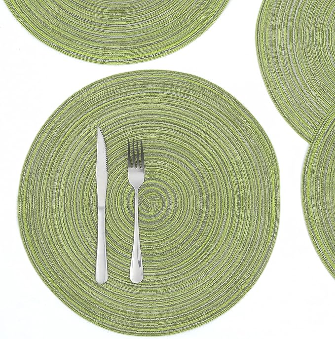 SHACOS Round Placemats Set of 4 Round Table Placemats Braided Cotton Place Mats 15 inch for Kitchen Dining Table Holiday Party (Pea Green, 4)