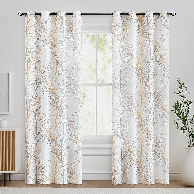FMFUNCTEX Linen Semi Sheer Curtains for Bedroom, Yellow White Curtains 108 Inches Long for Living Room, Grey Tree Branch Print Curtain Light Filtering Extra Long Window Drapes, Grommet Top 2 Panels