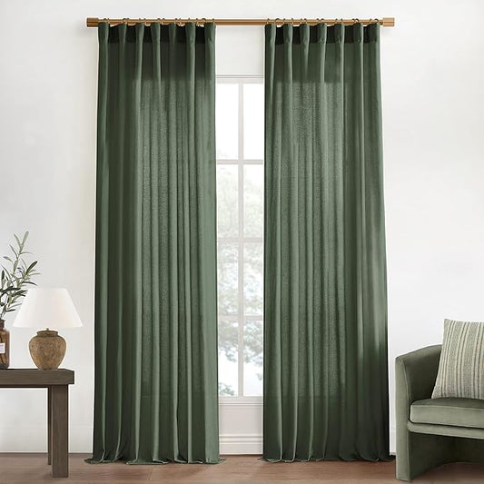 XTMYI 102 Inch Length Olive Green Sheer Linen Curtains 2 Panels Set,Hook Belt Pleated Back Tab Cotton Polyester Blend Light Filtering Semi Sheer Curtain Drapes for Living Room Bedroom,50x102 in Long