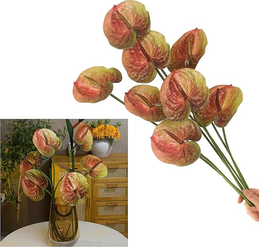 10pcs Artificial Anthurium,28 Inch Faux Tropical Plants Tailflowers,Realistic Flamingo Flower for Home Decor Centerpiece Wedding Bouquet Bonsai,Autumn Color