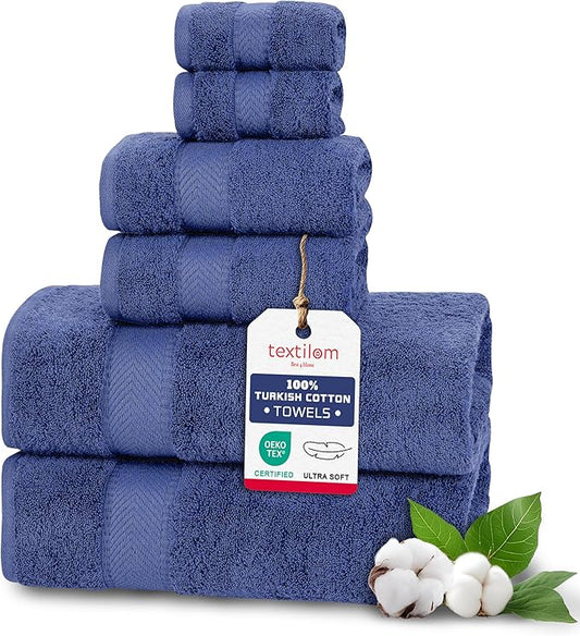 TEXTILOM 6 Pcs Bath Towel Set – Hotel and Spa Quality & Soft & Absorbent & Quick Dry Bath Towels for Bathroom –100% Turkish Cotton Bathroom Towels Set (2 Bath Towels,2 Hand Towels,2 Washcloths)-Navy