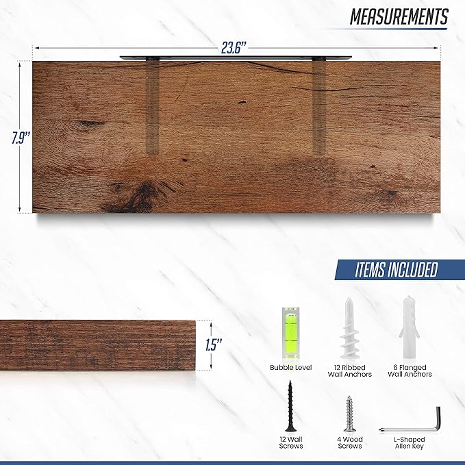 Floating Wall Shelves, 24” Wall Mounted Hanging Shelf Set for Living Room, Office, Kitchen, Bathroom &, Perfect Home Room Wall Decor, Rustic Pattern Designed – Rustic Brown
