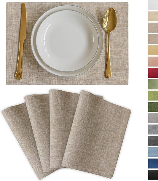 Demetex Burlap Placemsts Set of 4 Heat Resistant Decorative Cloth Place Mats Wipeable Lined Linen Table Plate Mats for Party Dinner Gathering, Burlap