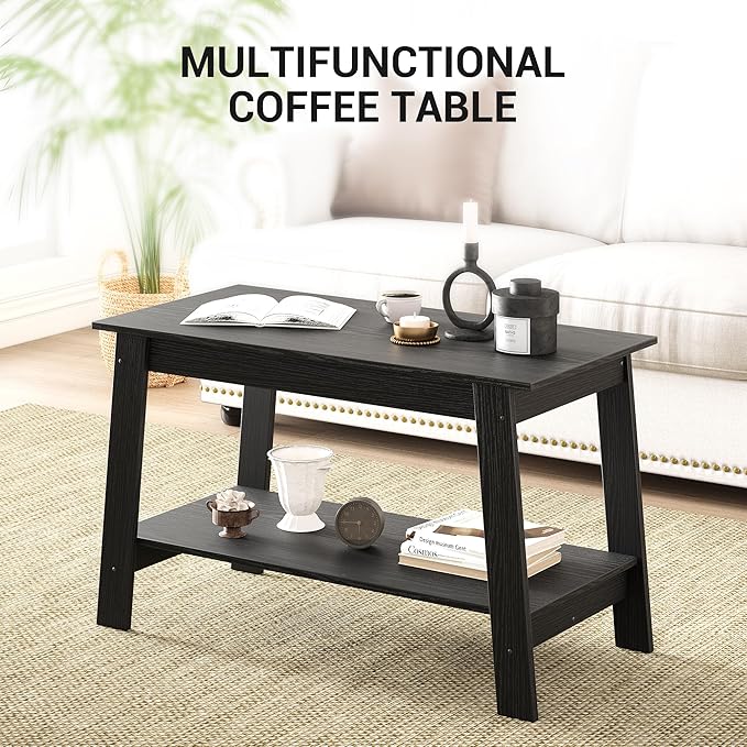 2-Tie Coffee Table, Rustic Wood Living Room Tables with Open Rectangular Storage Compartment, Coffee Tables for Living Room, Outdoors, Home Office, Bedroom, Black