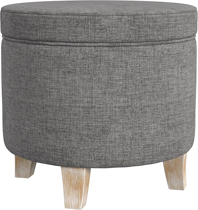 HomePop Upholstered Round Storage Ottoman Home Décor|Upholstered Round Foot Rest Ottoman -Gray Woven