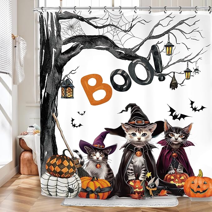 Halloween Cat Gothic Shower Curtain 60Wx72L Inch Pumpkin Horror Spider Bat Scary Spooky Witchy Animal Bathroom Set Accessories Decor with 12 Pack Hooks