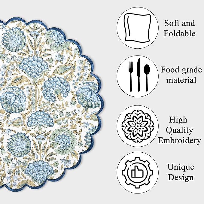 Ridhi Bo-ho Round Place Mat Easter Floral Cotton Washable Placemats 15" Round Embroidery Block Print Table Mat (Pack of 4-15 Inch Round, Asparagus Green)