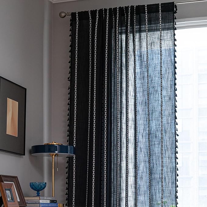 Sutuo Home Boho Curtain for Bedroom, Semi Blackout Linen Farmhouse Shabby Chic Tassels Window Treatment Bohemian Embroidery Drape for Halloween Decor, Rod Pocket 1 Panel 52" W x 84" L, Black