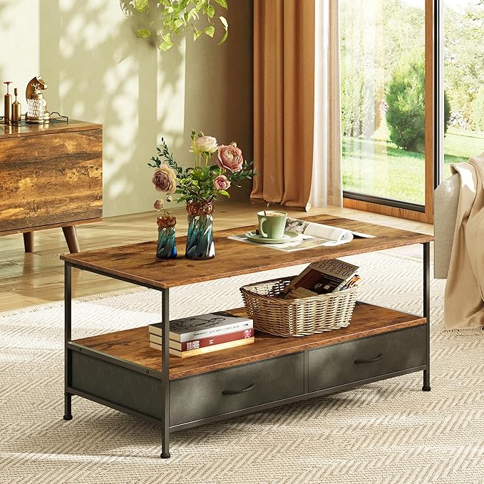 WLIVE Coffee Table, 39" Coffee Table with Storage & Drawers, 2-Tier Wood Center Table for Living Room, Apartment, Bedroom, Metal Table Legs, Rustic Brown