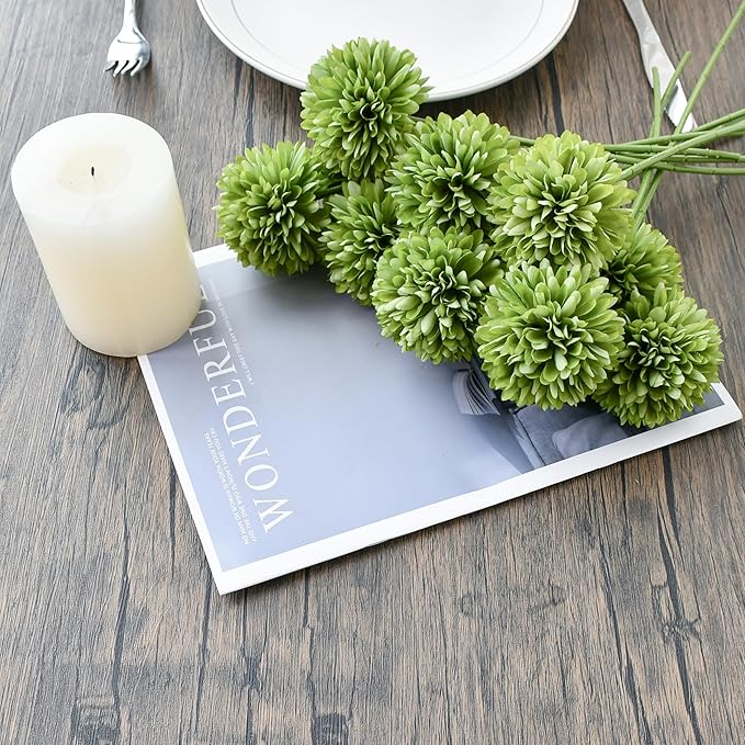 Mandy's Green Artificial Ball Chrysanthemum 12 Stems Faux Flowers with Bendable Stems for DIY Wedding Centerpiece Fall Decor Home Arrangements
