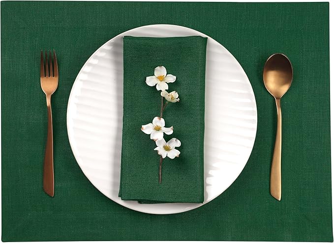 D'Moksha Homes Linen Forest Green Placemats Set of 4-100% Pure Linen Placemats 14 x 19 Inch for Summer - Handcrafted and Machine Washable