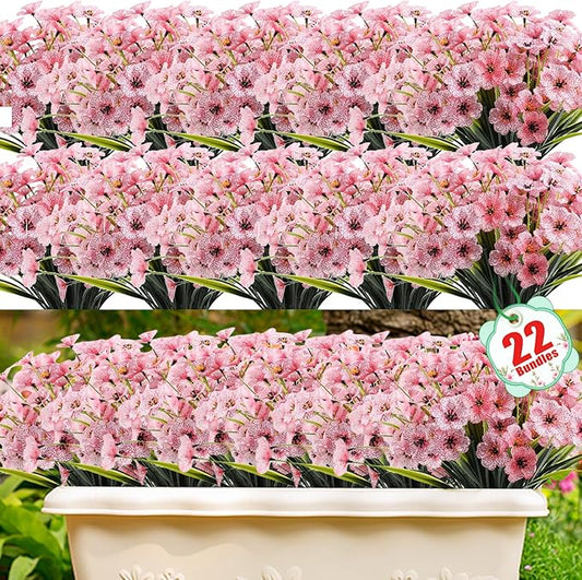 22 Bundles Artificial Flowers Outdoor, Faux Flowers UV Resistant with Plastic Plants, Faux Silk Flowers for Outdoors Outside Front Porch Hanging Planter Window Box Garden Decoration(Pink)