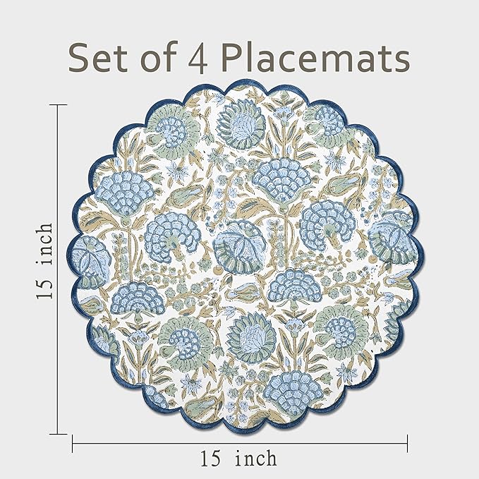 Ridhi Bo-ho Round Place Mat Easter Floral Cotton Washable Placemats 15" Round Embroidery Block Print Table Mat (Pack of 4-15 Inch Round, Asparagus Green)