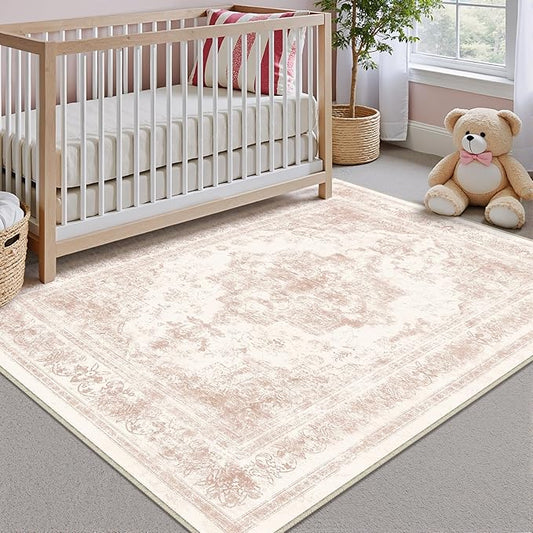 Area Rug 3x5 Washable Pink Rug Vintage Boho Medallion Entryway Door Mat Entrance Distressed Retro Carpet Non Slip Low Pile Small Soft for Office Kitchen Bedroom Laundry Bathroom Hallway