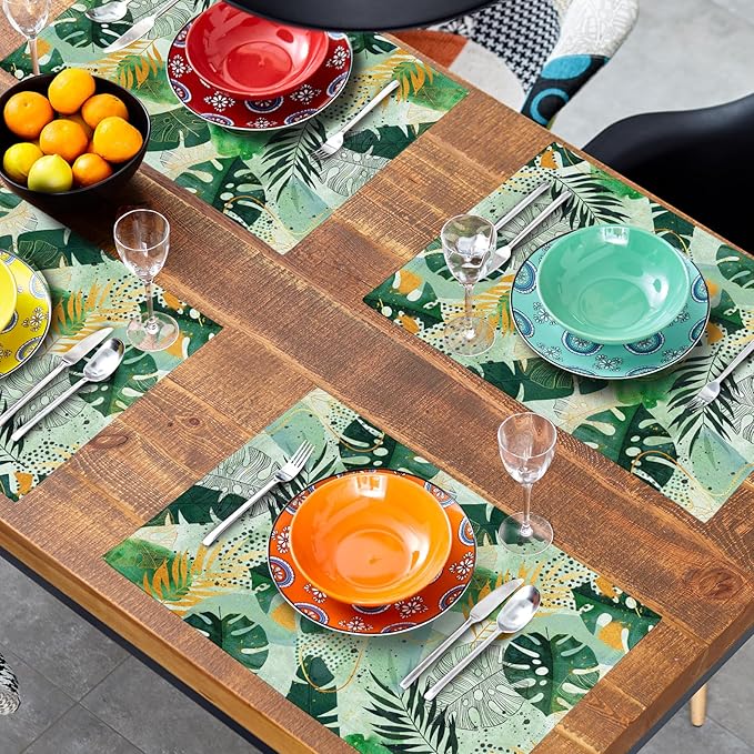 Tropical Palm Leaves Place Mats Set of 4 Green Gold Leaf Summer Washable Heat Resistant Table Mats Linen Fabric Table Mat 12×18 Inch for Party Kitchen Dining Home Decor
