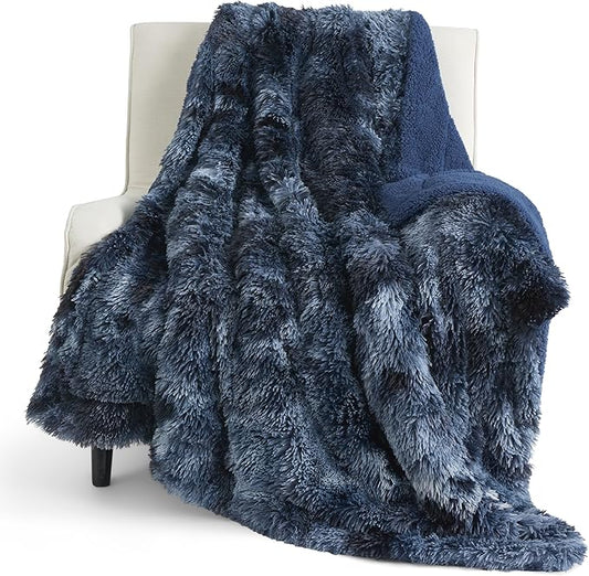 Bedsure Fuzzy Sherpa Faux Fur Twin Blanket Tie Dye Navy Cozy Gifts for Women Men, Soft Fleece Plush Warm Minky Thick Blanket Twin Size for Bed, Room Decor Dorm Essentials Blue Decor Gifts, 60x80